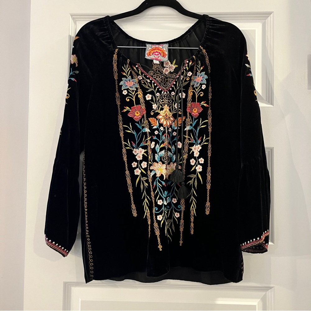 Johnny Was Esther Velvet Silk Flare Sleeve Embroidered Oversized Top Shirt XS